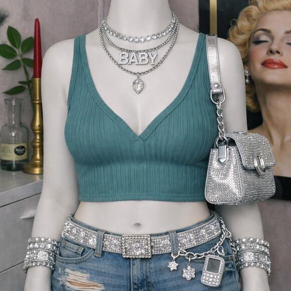 BDG Tops - BDG Ribbed Scoop-Neck Crop Tank - Teal Blue - Women's Medium